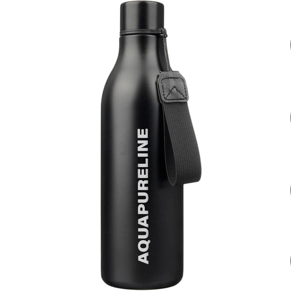 Aquapureline Black Insulated Water Bottle with Strap – 25oz Stainless Steel, Leak-Proof and Portable
